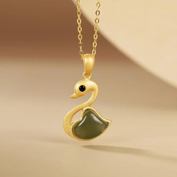 Original Design Natural Hetian Green Chalcedony Swan Pendant Ladies Necklace