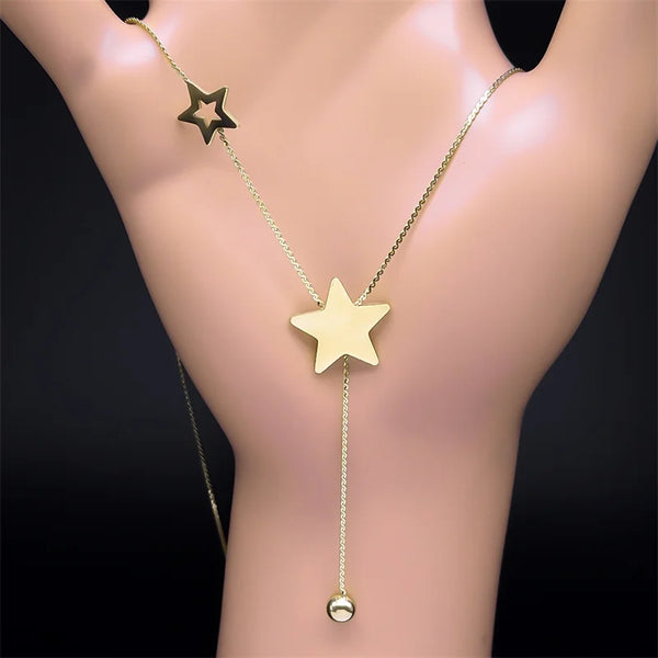 Trendy Star Tassel Ball Necklace for Women Gold Color Stainless Steel Y2K Girl Minimalist Long Chain