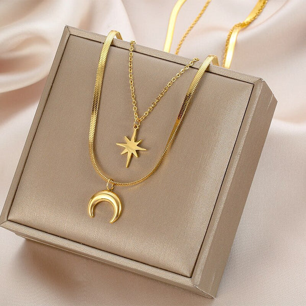 Gold Color Double Layer Star Moon Pendant Necklace For Women