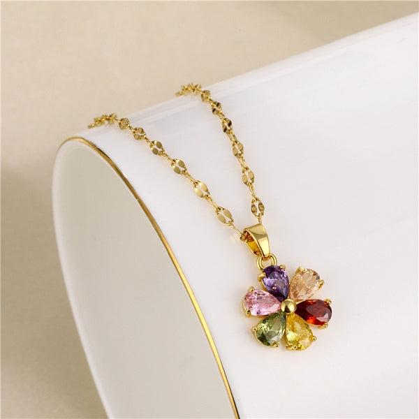 Light Luxury Colorful Rhinestone Flower Pendant Necklace For Women