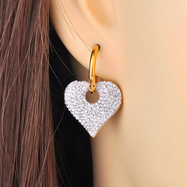 Sparkling Green/White Rhinestone Heart Hoop Earrings For Women