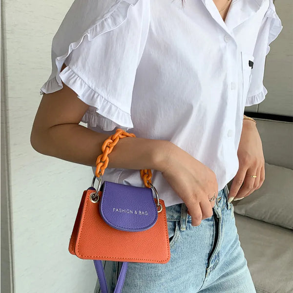 Shoulder Bag for Women with Chain Summer Color Contrast Mini PU Clutches