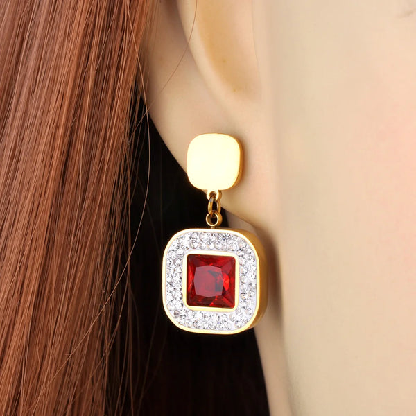 Red Square Cubic Zirconia Stud Earrings For Women Stainless Steel Wedding Earrings