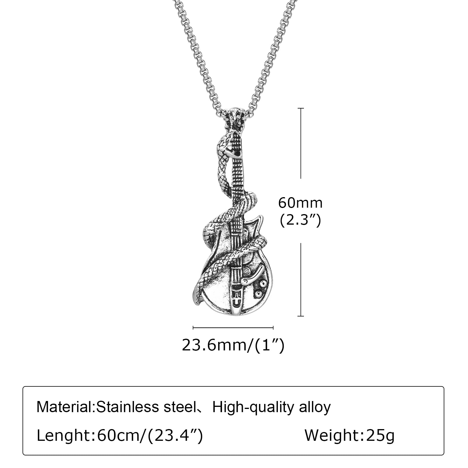 Rock Punk Guitar Necklace for Men Boys, Retro Silver Color Snake Pendant Gifts