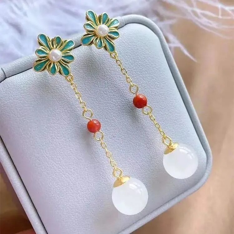 Natural Hetian  jade enamel porcelain Earrings