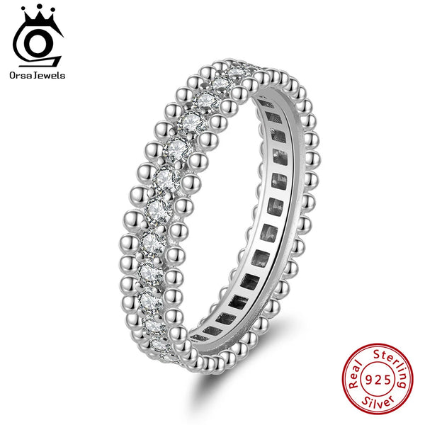 925 Sterling Silver 5A Clear Cubic Zirconia Bead Rings Rhodium Finger Ring for Women