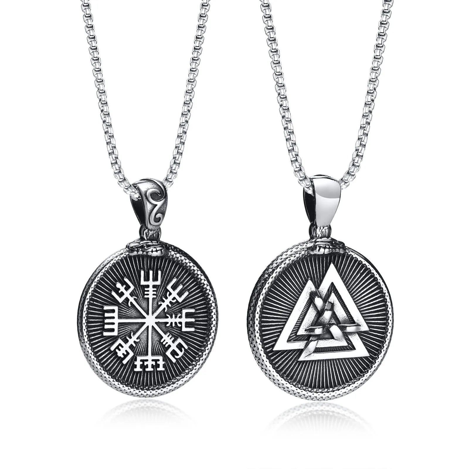 Men Viking Vegvisir Wayfinder Pendant Necklacec with Snake Borde