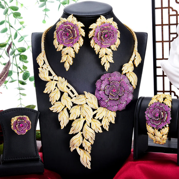 Trendy Luxury Valuable Peony Big Flowers Jewelry Set Necklace Bangle Earrings Ring For Women