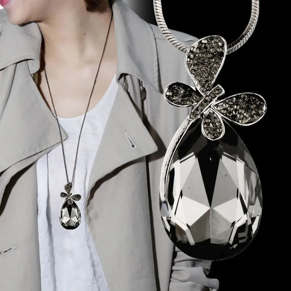 big grey teardrop stone butterfly pendant necklace long black chain women