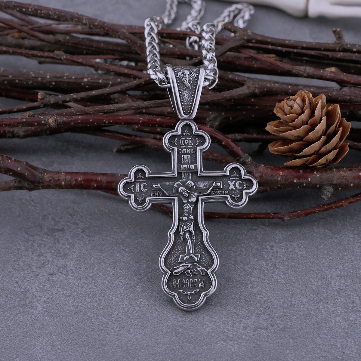 Stainless Steel Catholic Cross Necklace Men's Jesus Christ Faith Pendant Necklace