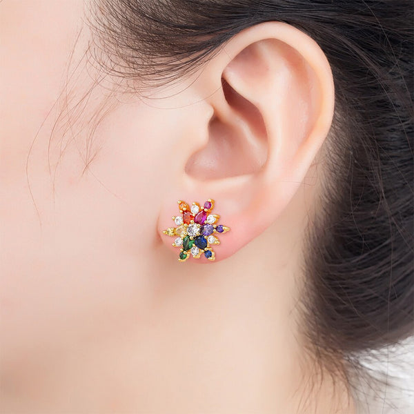 New Design Exquisite Crystal Snowflake Stud Earrings Cubic Zirconia Colorful Earrings Women