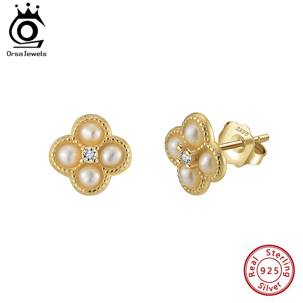 14K Gold Plated Natural Pearl Ear Stud 925 Silver Ear Needle Flower Shaped Stud Earrings