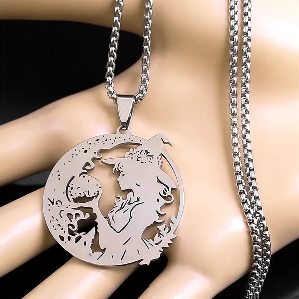 Witch Ball Moon Spell Pendant Necklace for Women/Men Silver Color