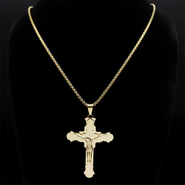 Fashion Jesus Cross Chain Necklace  Stainless Steel Gold Color Christian