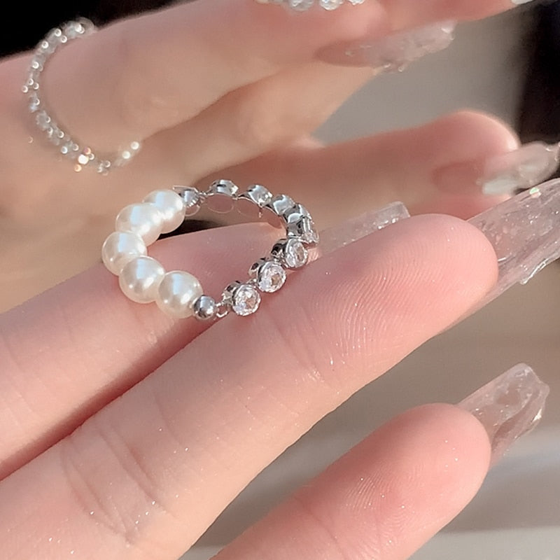 Korean Freshwater Pearl Rhinestone Splicing Rings For Women