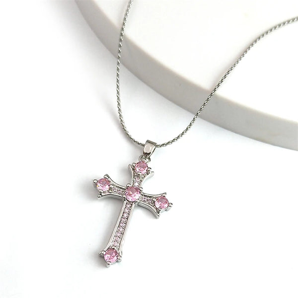 Y2k Cross Copper Pink Zircon Pendant Necklace for Girl