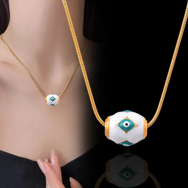 Stainless Steel Blue Enamel Eye Scrolling Ball Pendant Necklace For Women Choker Chain