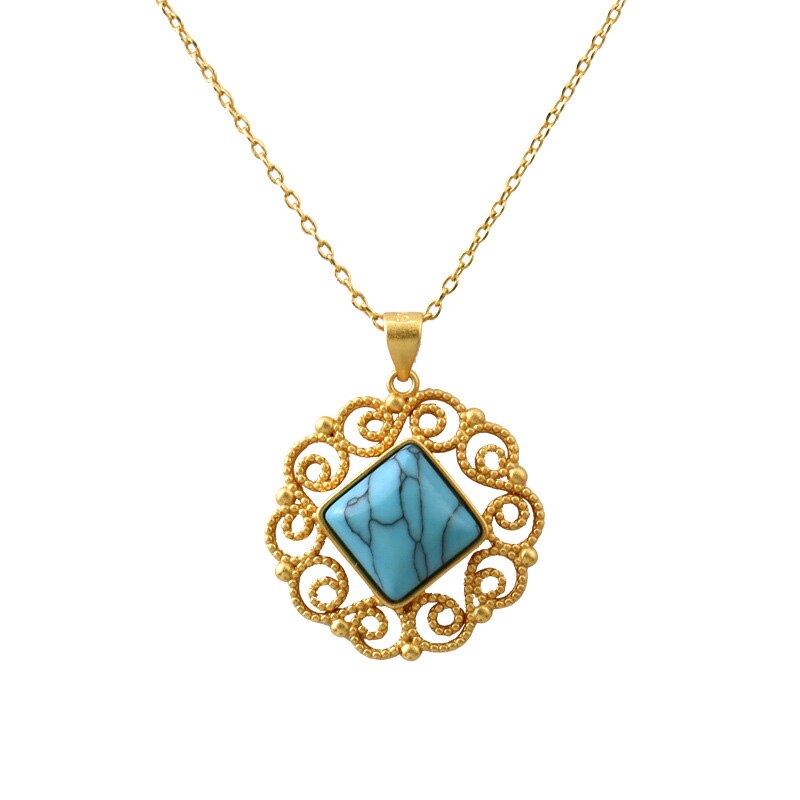 New in Chinese-inspired cutout design Ancient gold craft inlay turquoise necklace pendant