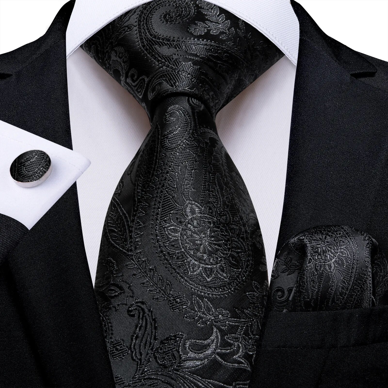 New Classic Black Solid Paisley Silk Ties For Men Handkerchief Cufflinks