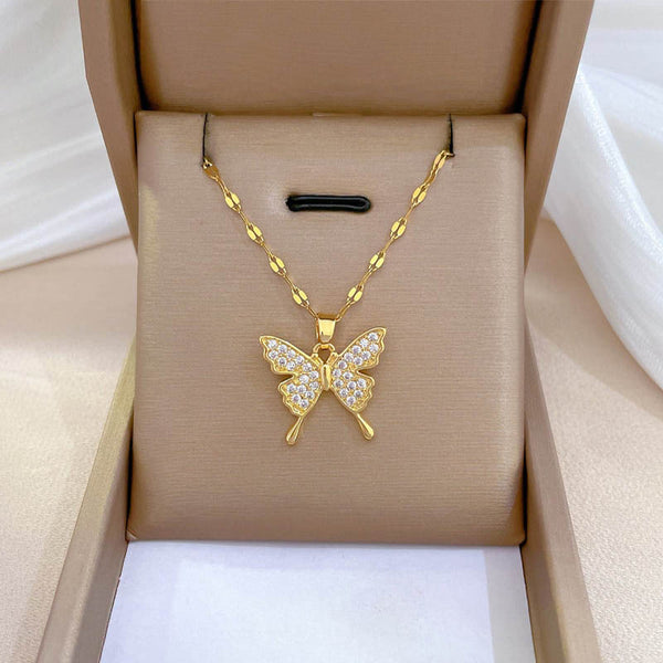 Gold Plated Charm Rhinestone Butterfly Pendant Neckalce For Women