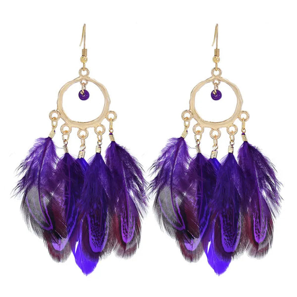 Bohemian Ethnic Purple Feather Earrings for Women