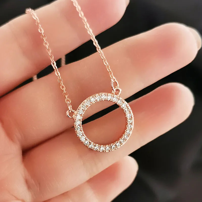 Shiny Paved Tiny Crysral Circle Round Choker Necklaces Pendant Silver Color Chain