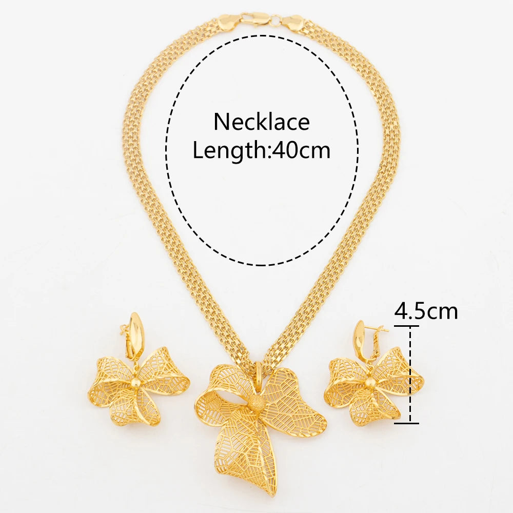 Hollow Flower Pendant Arabic Dubai Earring African Chain Jewelry Set for Women