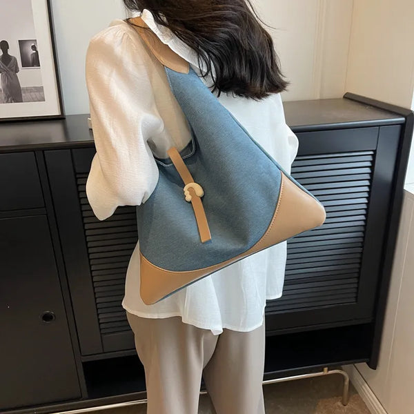 Simple Casual Tote Handbag with Color-blocking Soft Leather Commute Satchel Fashion Underarm Shoulder Bag