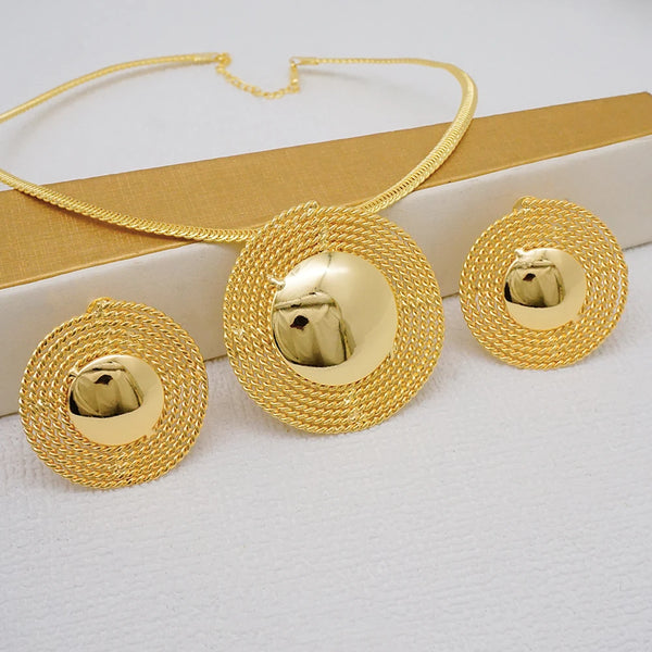 Fashion Dubai Gold Color Plated Round Big Pendant Necklace Earrings Sets