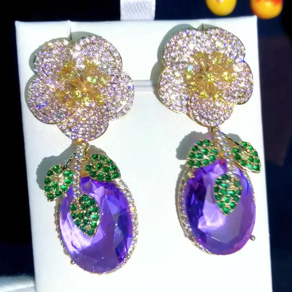 Luxury Vintage Clear Purple Green Earrings For Women Wedding Party CZ Engraving Dubai Bridal Earrings