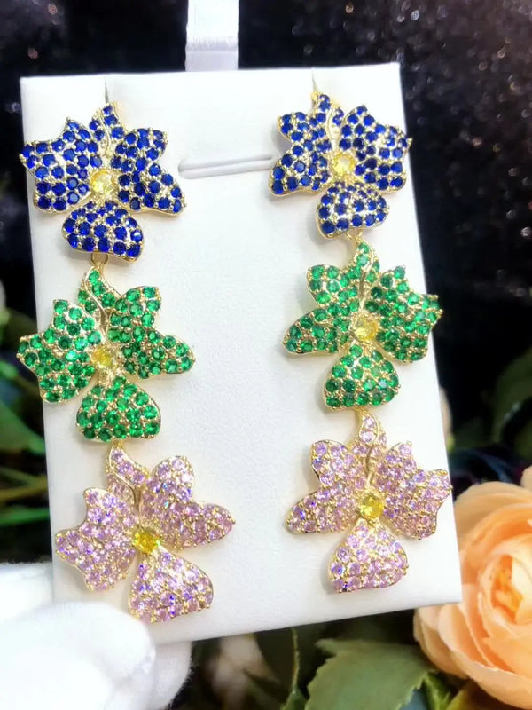 Leaf Women's Carbon Zircon Long Earrings Jewelry Wedding Event Flowers Pendant Style Gift