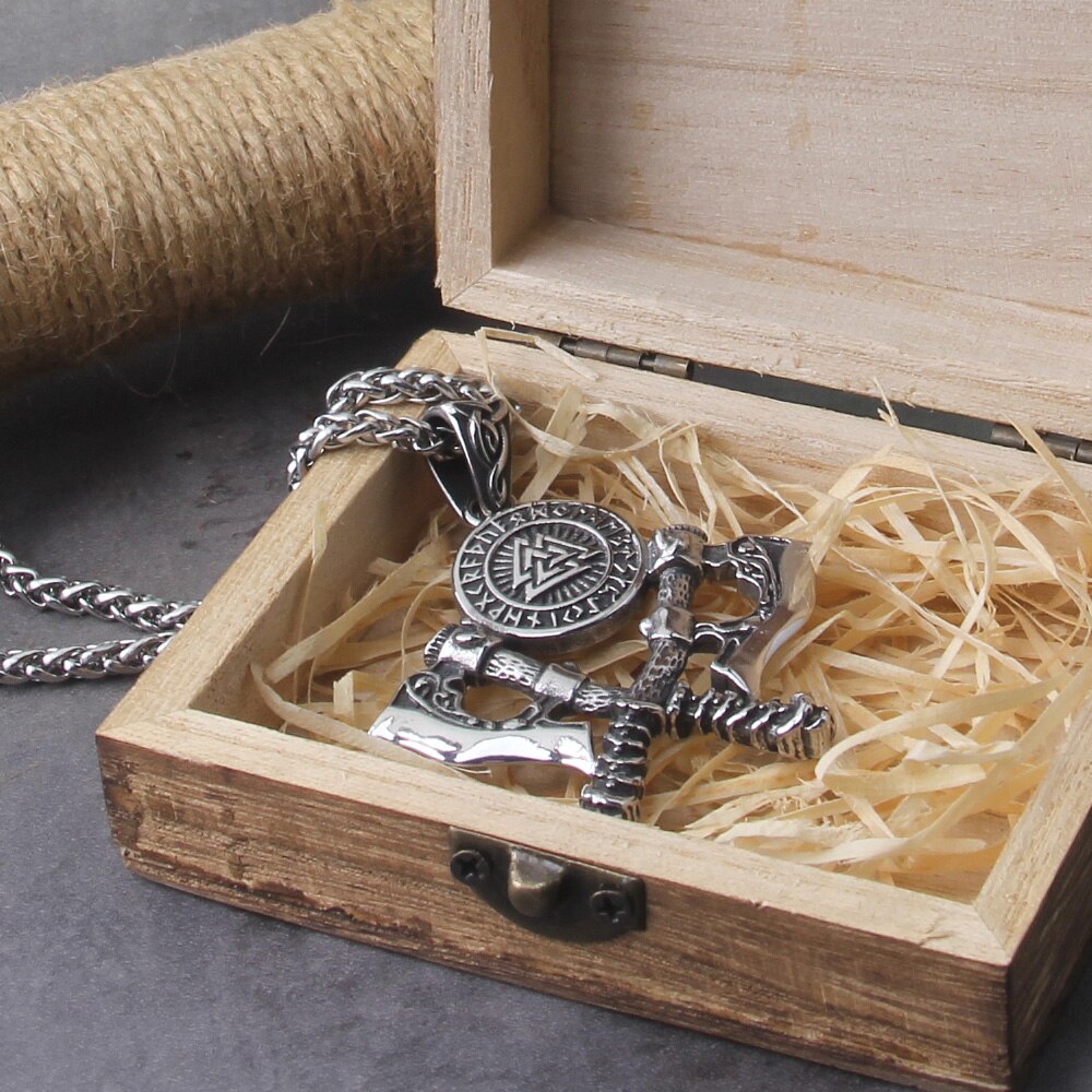 Men's Stainless Steel Exquisite Double Axe Pendant Necklace Nordic Rune Amulet Gift