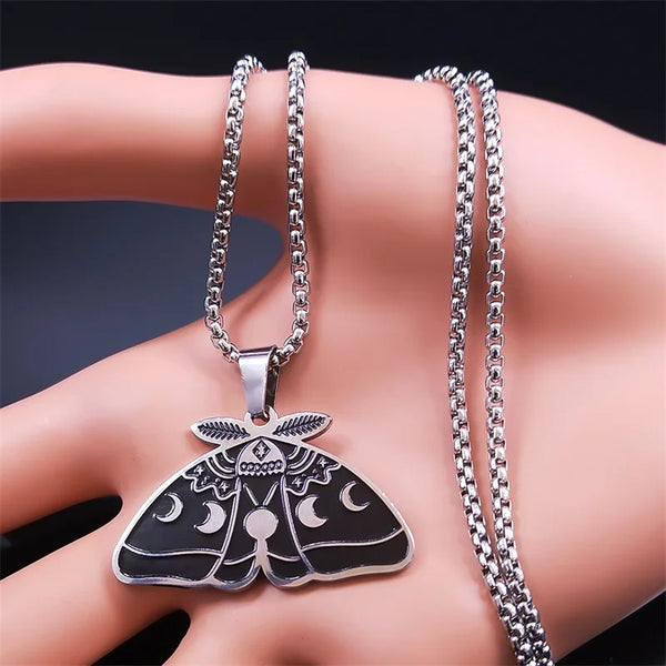 Stainless Steel  Witch Divination Luna Moth Eclipse Necklace