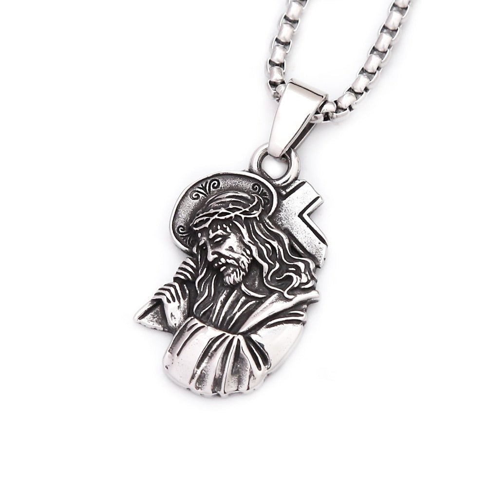 Vintage 316L Stainless Steel Jesus Cross Pendant Necklace For Men