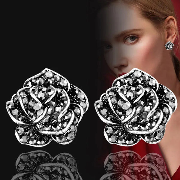 Cubic Zirconia Rose Flower Earrings For Women Antique Silver Color Blue Zircon Earrings