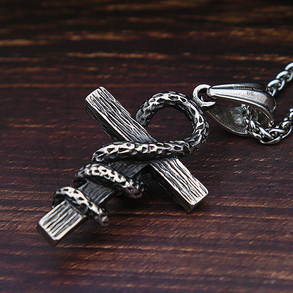 Vintage Stainless Steel Cross Snake Necklace Men Fashion Ancient Egypt Cross Pendant