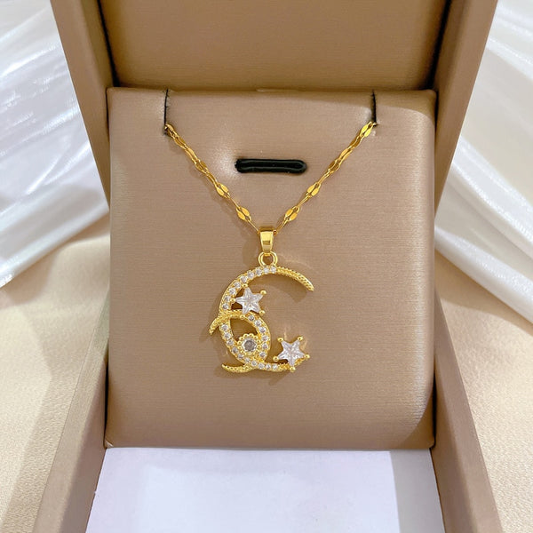 Gold Color Romantic Shine Zircon Moon Star Pendant Necklace For Women