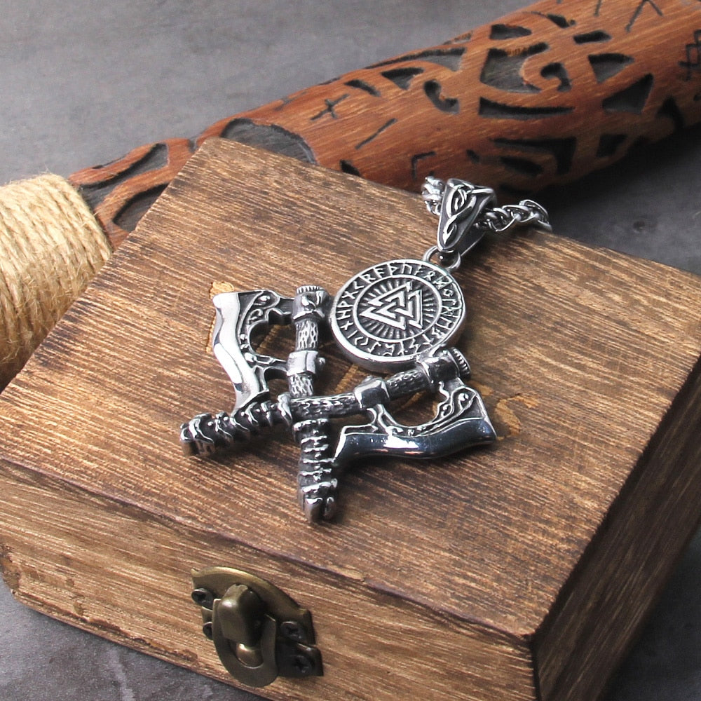 Men's Stainless Steel Exquisite Double Axe Pendant Necklace Nordic Rune Amulet Gift