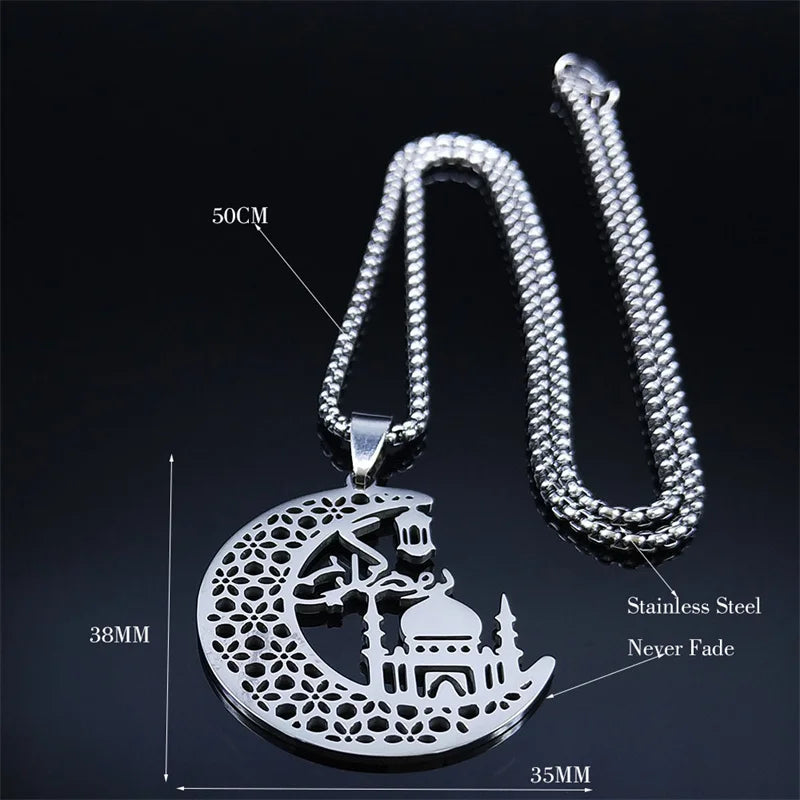 Islamic Mosque Muslim Necklace Stainless Steel Crescent Moon Quran Islam Necklaces