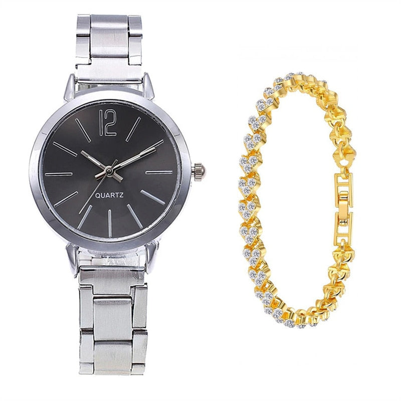 2pcs Set Watch Luxury Women Fashion Gold Bracelet Quartz Wristwatch