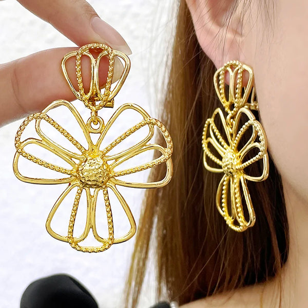 Big Drop Flower Earrings For Women Luxury Two Tone  Earrings