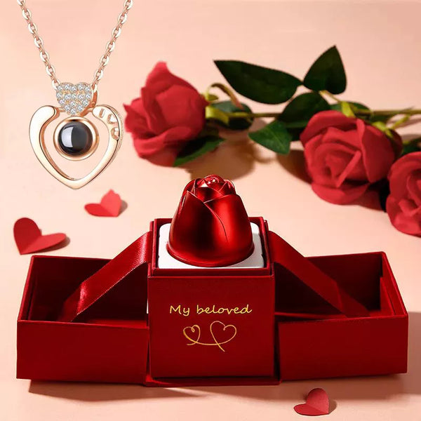 Love Projection Necklace With Exquisite Rose Gift Box100 Languages I Love You Pendant