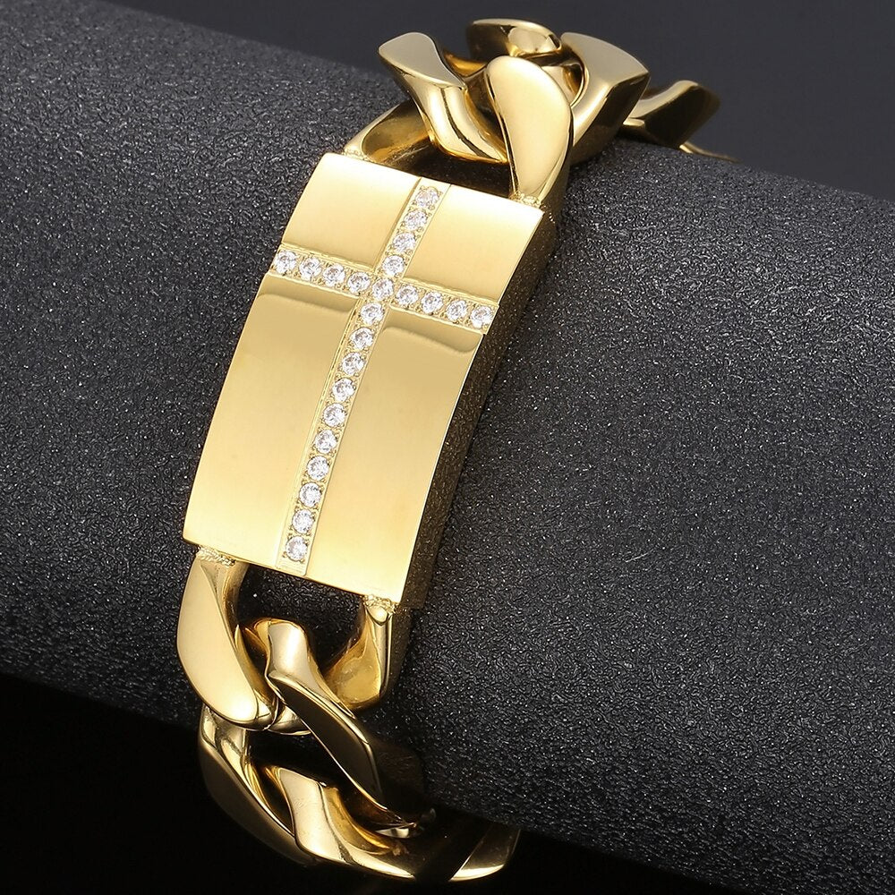 Luxury Gold Plated Stainless Steel Cross Bracelet For Men