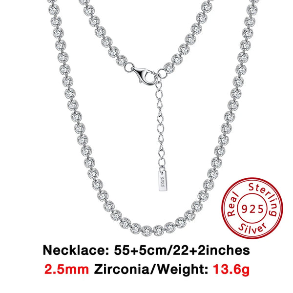 925 Sterling Silver Women's 2.5/3.0mm Cubic Zirconia Bezel-Set Tennis Chain Necklace