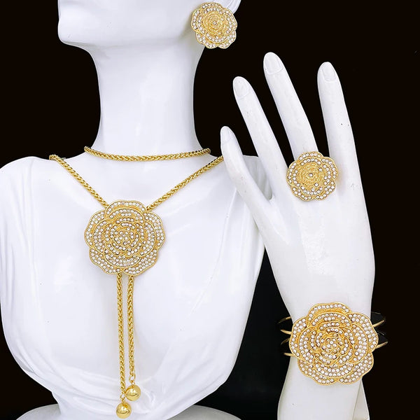 Dubai Flower Rhinestone Jewelry Set For Women Chest Chain Necklace Earring Bracelet Ring Set