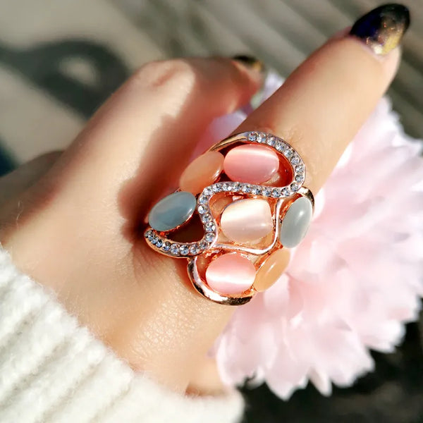 Women Luxury Hollow Multicolor Opal Stone Big Rings