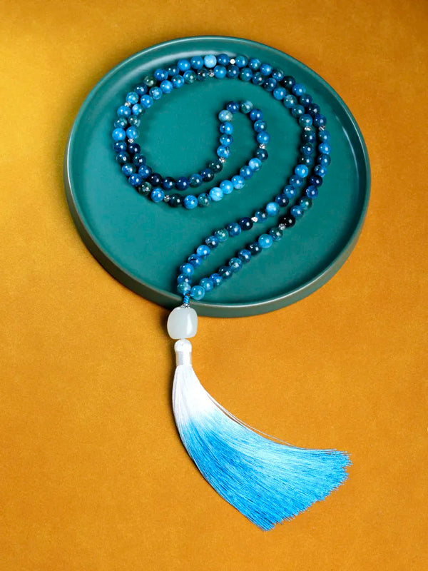 108 mala beads necklace for women rosary,Gradient blue Long tassel necklace