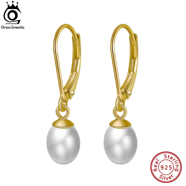 Gold Genuine 925 Sterling Silver Dangle Pearl Earrings