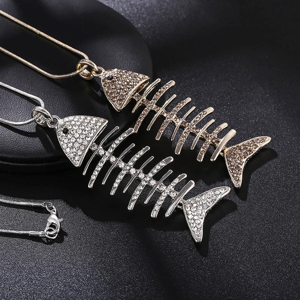 Classic Fish Cubic zirconia Pendant Necklace For Women Long  Jewelry Sweater Chain