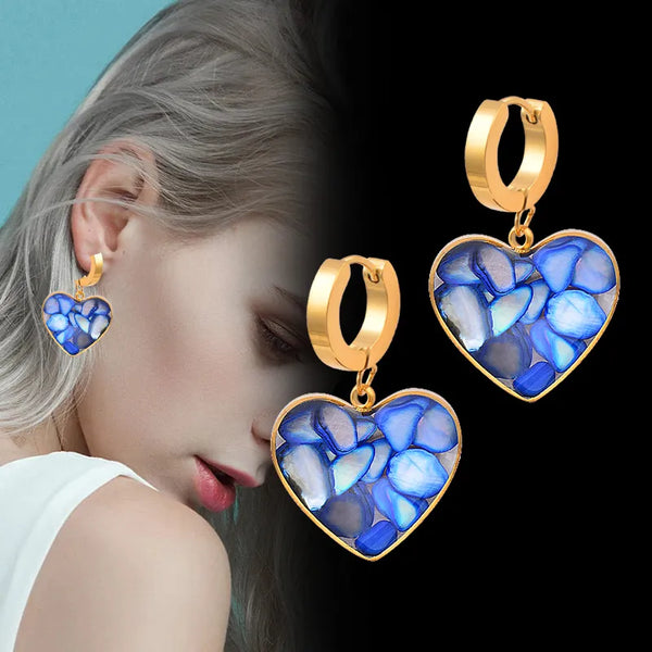 Stainless Steel Natural Stones Inside Heart Hoop Earrings For Women